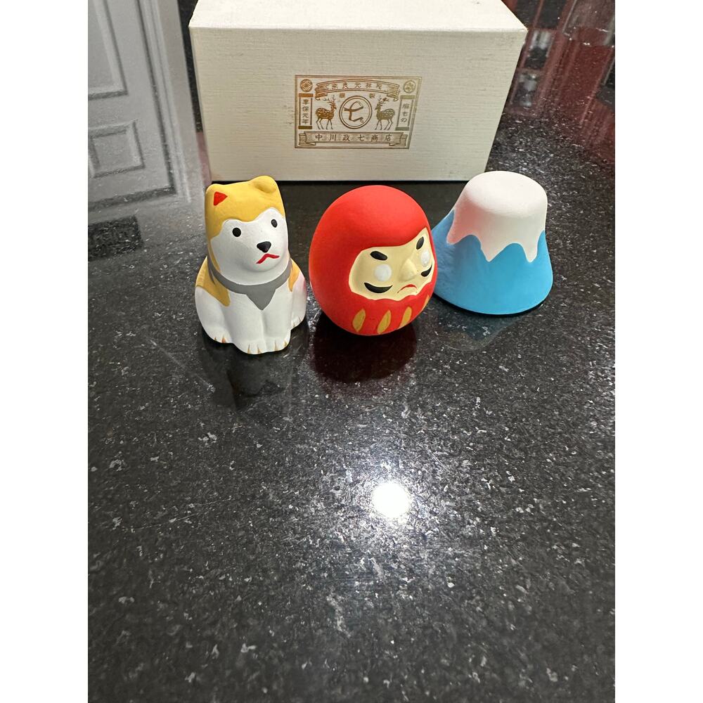 Japanese Figurine Set Dog Daruma Mt. Fuji Handcrafted Ornament